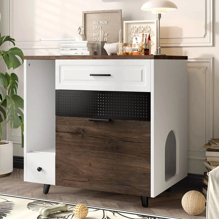 Cat Litter Box Enclosure, Indoor Hidden Cat Litter Box Furniture with 2 Drawers and Door, Cat House End Table for Living room, White and Brown - DTY Store