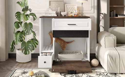 Cat Litter Box Enclosure, Indoor Hidden Cat Litter Box Furniture with 2 Drawers and Door, Cat House End Table for Living room, White and Brown Default -DTYStore