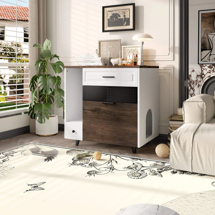 Cat Litter Box Enclosure, Indoor Hidden Cat Litter Box Furniture with 2 Drawers and Door, Cat House End Table for Living room, White and Brown Default -DTYStore