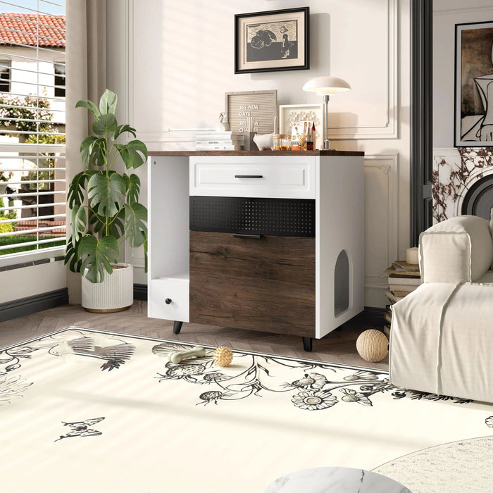 Cat Litter Box Enclosure, Indoor Hidden Cat Litter Box Furniture with 2 Drawers and Door, Cat House End Table for Living room, White and Brown - DTY Store