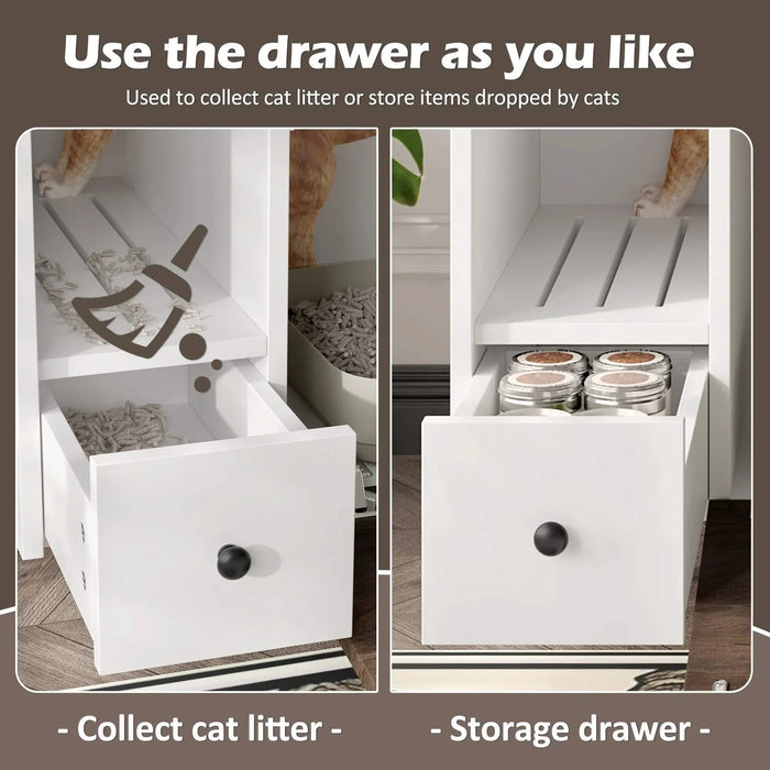 Cat Litter Box Enclosure, Indoor Hidden Cat Litter Box Furniture with 2 Drawers and Door, Cat House End Table for Living room, White and Brown Default -DTYStore