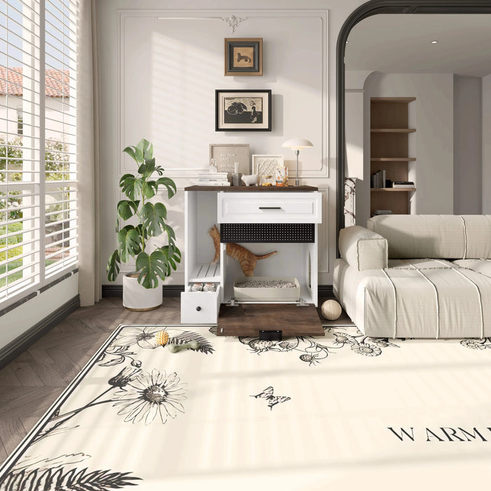 Cat Litter Box Enclosure, Indoor Hidden Cat Litter Box Furniture with 2 Drawers and Door, Cat House End Table for Living room, White and Brown Default -DTYStore