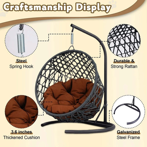 Cat Swing Bed with Stand & Cushion, Cat Egg Chair with Rattan Wicker Appearance, Indoor Hanging Swinging Cat Bed for Cats, Small Dogs, and Small Animals,Brown Default -DTYStore