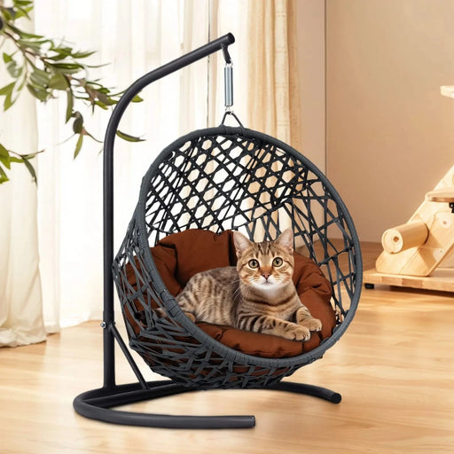 Cat Swing Bed with Stand & Cushion, Cat Egg Chair with Rattan Wicker Appearance, Indoor Hanging Swinging Cat Bed for Cats, Small Dogs, and Small Animals,Brown Default -DTYStore