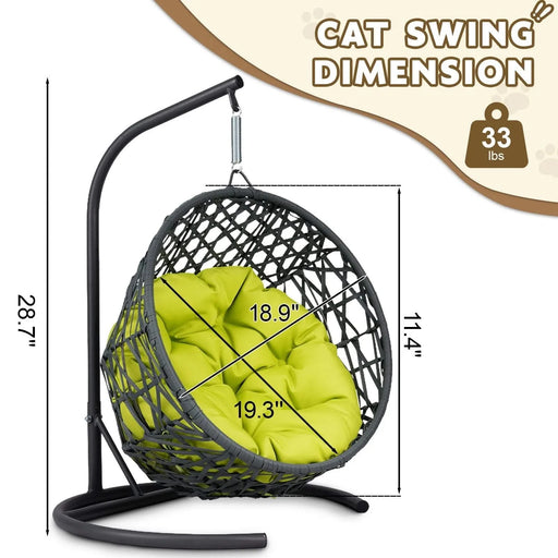 Cat Swing Bed with Stand & Cushion, Cat Egg Chair with Rattan Wicker Appearance, Indoor Hanging Swinging Cat Bed for Cats, Small Dogs, and Small Animals,Green Default -DTYStore