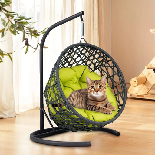 Cat Swing Bed with Stand & Cushion, Cat Egg Chair with Rattan Wicker Appearance, Indoor Hanging Swinging Cat Bed for Cats, Small Dogs, and Small Animals,Green Default -DTYStore