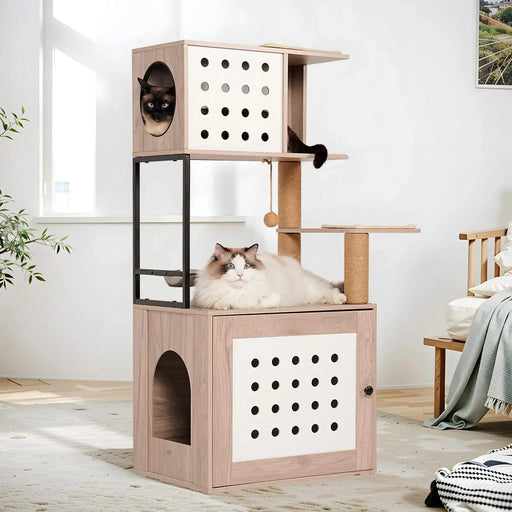 Cat Tree with Litter Box Enclosure, All-in-one Cat Tower for Indoor Cats with Large Hammock, Bed, Food Station, Scratching Posts, Modern Style Pet Furniture, Gray+white Default -DTYStore