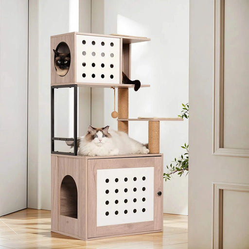 Cat Tree with Litter Box Enclosure, All-in-one Cat Tower for Indoor Cats with Large Hammock, Bed, Food Station, Scratching Posts, Modern Style Pet Furniture, Gray+white Default -DTYStore