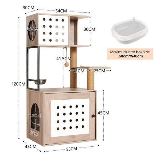 Cat Tree with Litter Box Enclosure, All-in-one Cat Tower for Indoor Cats with Large Hammock, Bed, Food Station, Scratching Posts, Modern Style Pet Furniture, Gray+white Default -DTYStore
