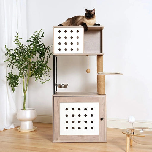 Cat Tree with Litter Box Enclosure, All-in-one Cat Tower for Indoor Cats with Large Hammock, Bed, Food Station, Scratching Posts, Modern Style Pet Furniture, Gray+white Default -DTYStore