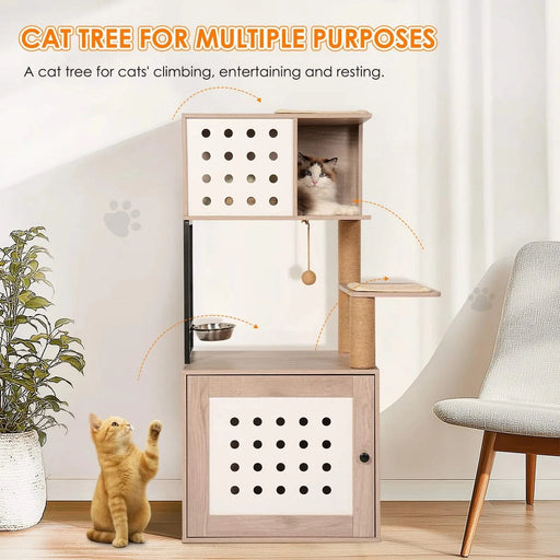Cat Tree with Litter Box Enclosure, All-in-one Cat Tower for Indoor Cats with Large Hammock, Bed, Food Station, Scratching Posts, Modern Style Pet Furniture, Gray+white Default -DTYStore
