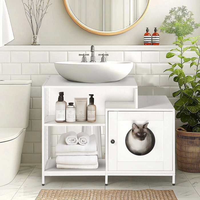 Cat litter box enclosure for bathroom, Hidden Litter Pet Washroom with Divider, Indoor Cat House for Large Cats, White Default -DTYStore