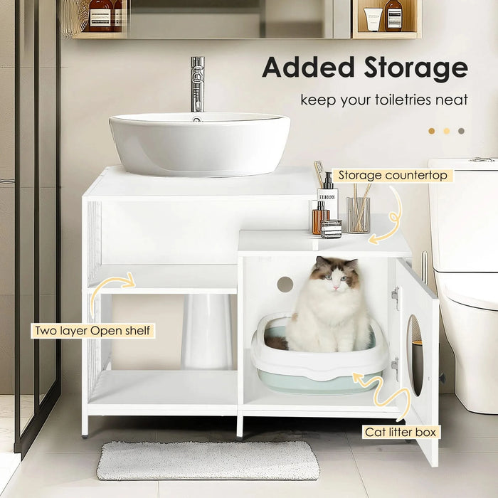 Cat litter box enclosure for bathroom, Hidden Litter Pet Washroom with Divider, Indoor Cat House for Large Cats, White - DTY Store