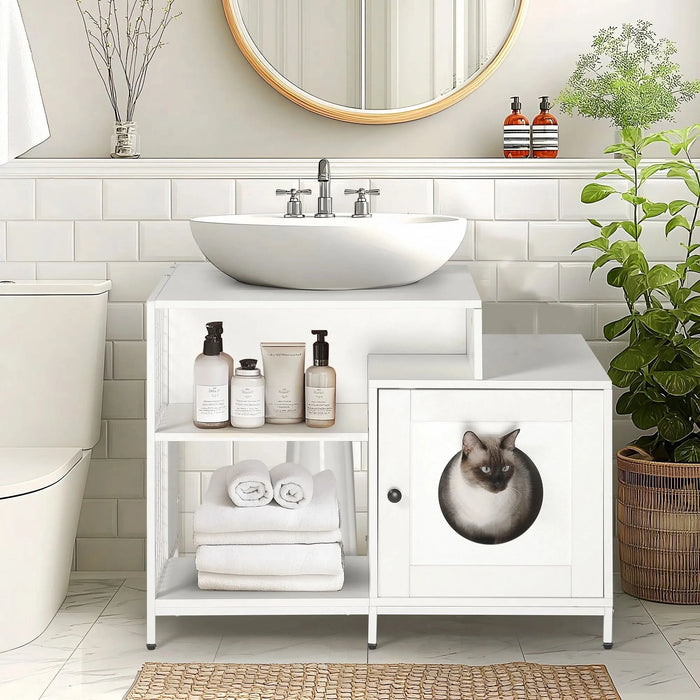 Cat litter box enclosure for bathroom, Hidden Litter Pet Washroom with Divider, Indoor Cat House for Large Cats, White - DTY Store