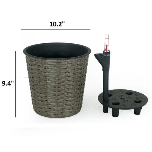 Catleza 10.2" Self-watering Wicker Decor Planter for Indoor and Outdoor - Round Gray -DTYStore