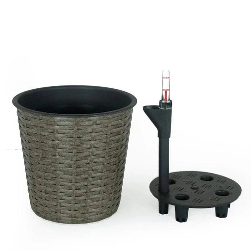Catleza 10.2" Self-watering Wicker Decor Planter for Indoor and Outdoor - Round Gray -DTYStore
