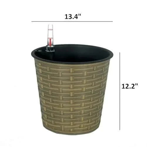 Catleza 13.4" Self-watering Wicker Decor Planter for Indoor and Outdoor - Round - Natural -DTYStore