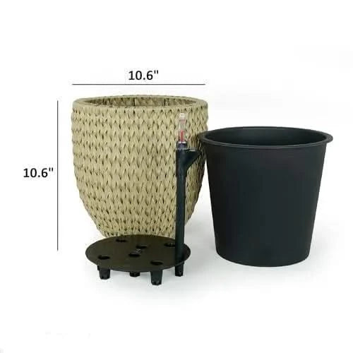 Catleza Self-watering Wicker Planter - Garden Decoration Pot - Round 14.6" Dark Brown -DTYStore