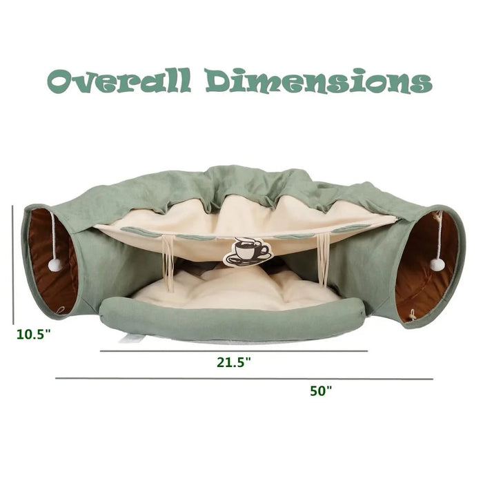 Cat's Telescopic Tunnel Cushioned Bed Pet Nest Teasing Balls Zipper Connection Feline Supplies, Bright Green Default -DTYStore