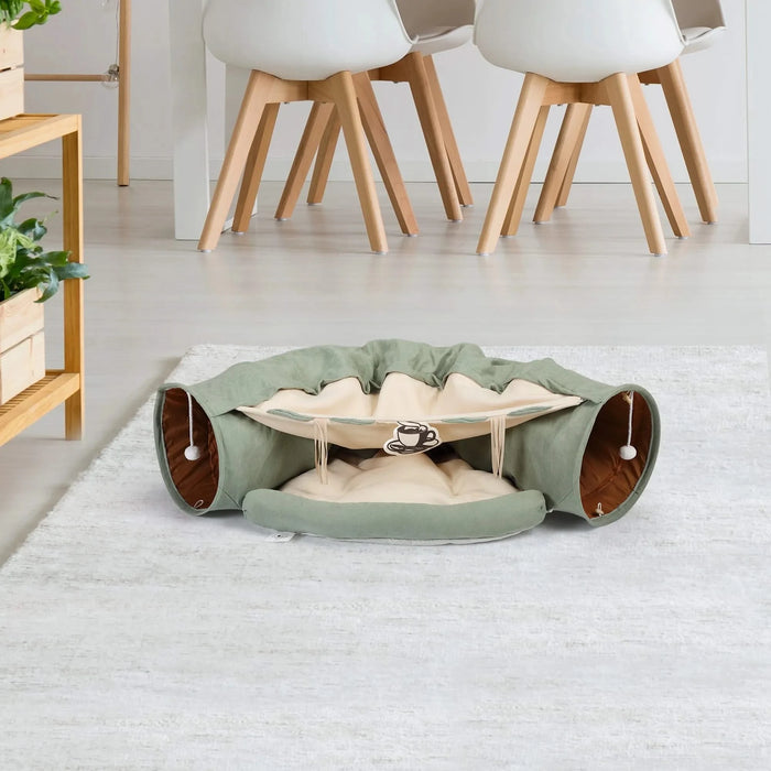 Cat's Telescopic Tunnel Cushioned Bed Pet Nest Teasing Balls Zipper Connection Feline Supplies, Bright Green Default -DTYStore