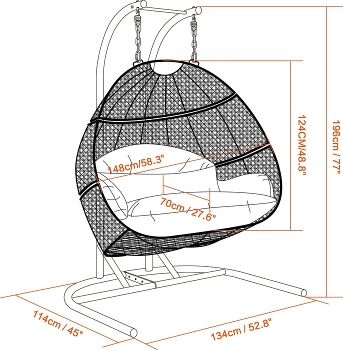 Charcoal Wicker Hanging Double-Seat Swing Chair with Stand w/Dust Blue Cushion Default -DTYStore