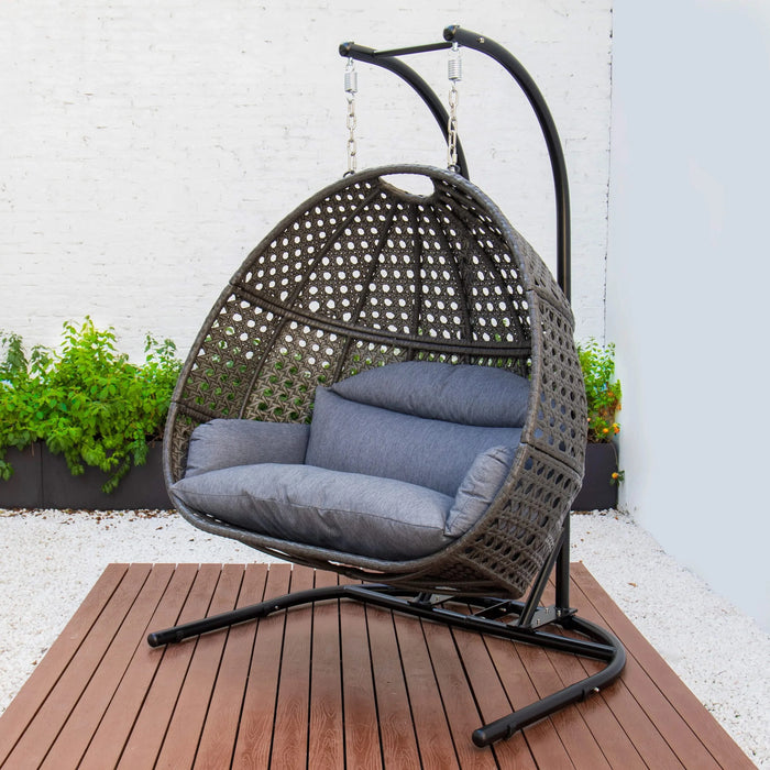 Charcoal Wicker Hanging Double-Seat Swing Chair with Stand w/Dust Blue Cushion Default -DTYStore