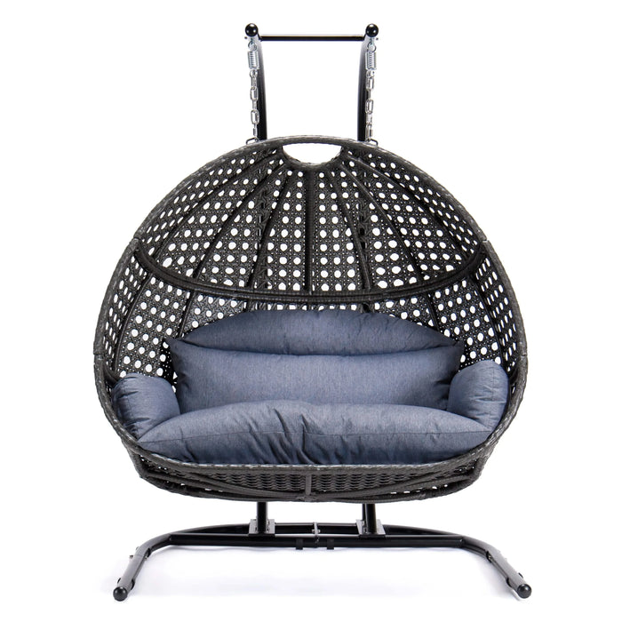 Charcoal Wicker Hanging Double-Seat Swing Chair with Stand w/Dust Blue Cushion Default -DTYStore