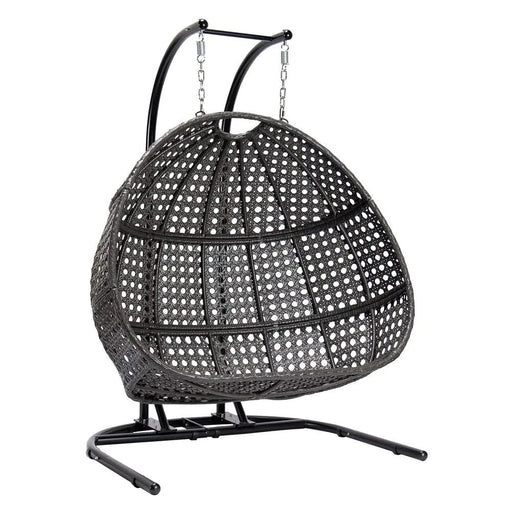 Charcoal Wicker Hanging Double-Seat Swing Chair with Stand w/Dust Blue Cushion Default -DTYStore