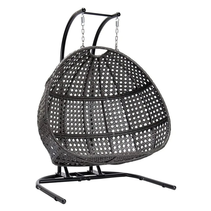 Charcoal Wicker Hanging Double-Seat Swing Chair with Stand w/Dust Blue Cushion Default -DTYStore