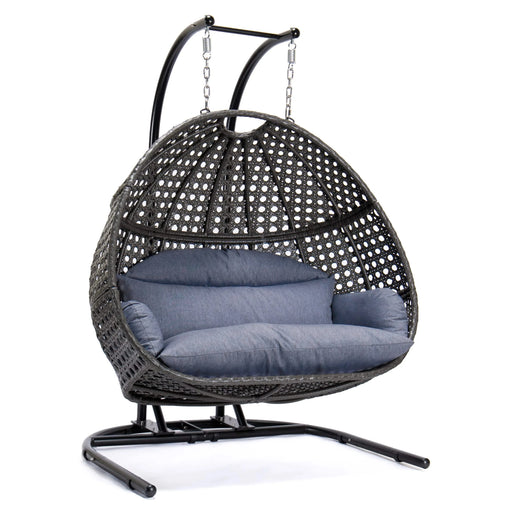 Charcoal Wicker Hanging Double-Seat Swing Chair with Stand w/Dust Blue Cushion Default -DTYStore