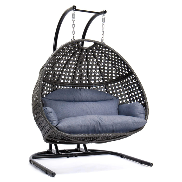 Charcoal Wicker Hanging Double-Seat Swing Chair with Stand w/Dust Blue Cushion Default -DTYStore