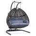 Charcoal Wicker Hanging Double-Seat Swing Chair with Stand w/Dust Blue Cushion Default -DTYStore