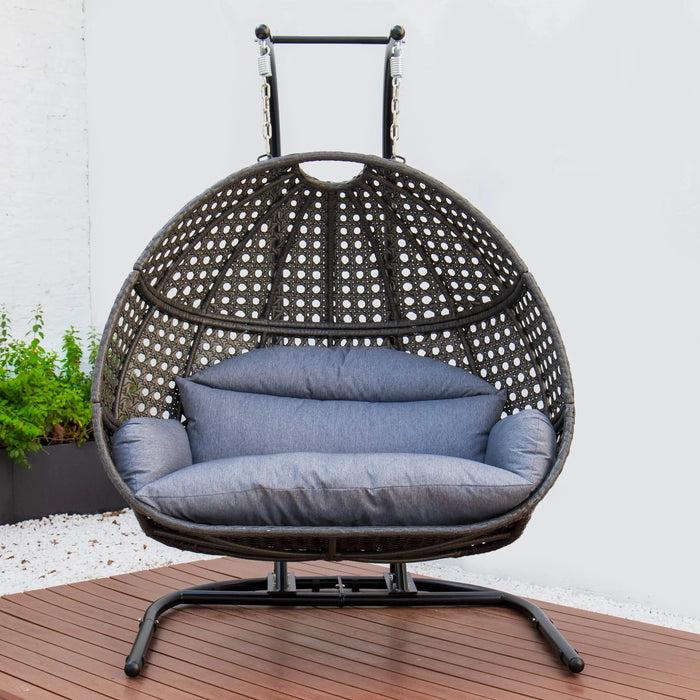 Charcoal Wicker Hanging Double-Seat Swing Chair with Stand w/Dust Blue Cushion Default -DTYStore