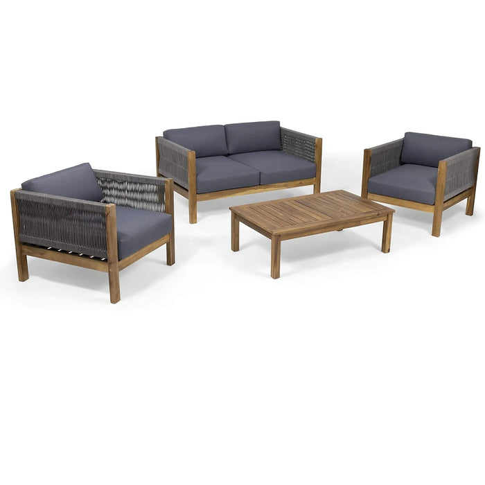 Charlotte Outdoor Acacia Wood and Rope 4 Seater Chat Set with Cushions Default -DTYStore