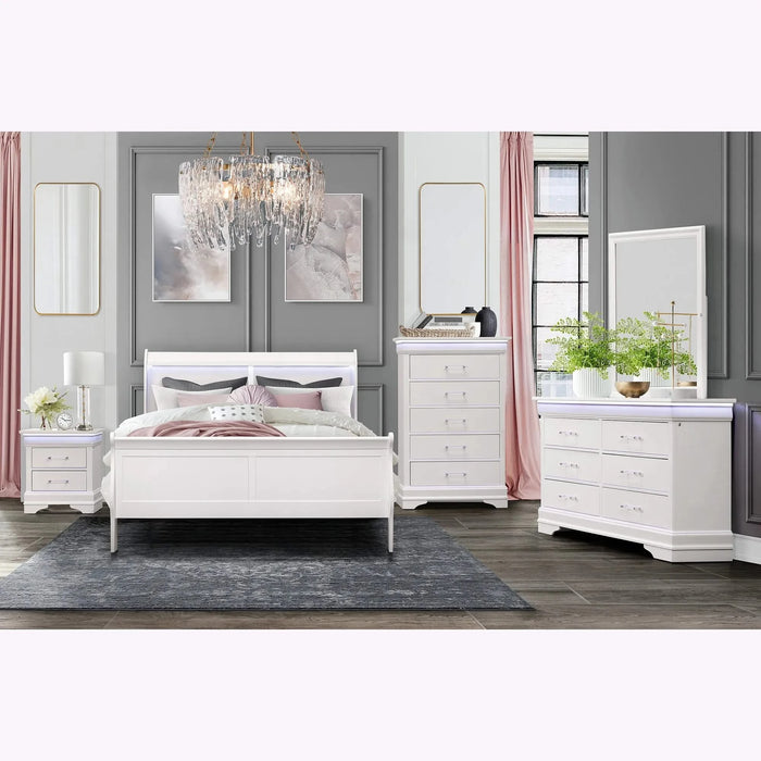 Charlston Modern Sleigh Style Full Bedroom Set with LED Lighting in White Finish, Solid Wood and MDF Default -DTYStore