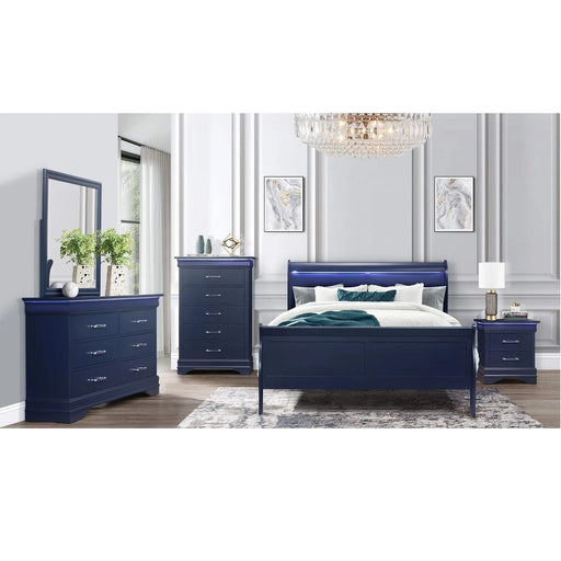 Charlston Sleigh Style King Bedroom Set with LED Headboard in Blue Solid Wood and MDF Default -DTYStore