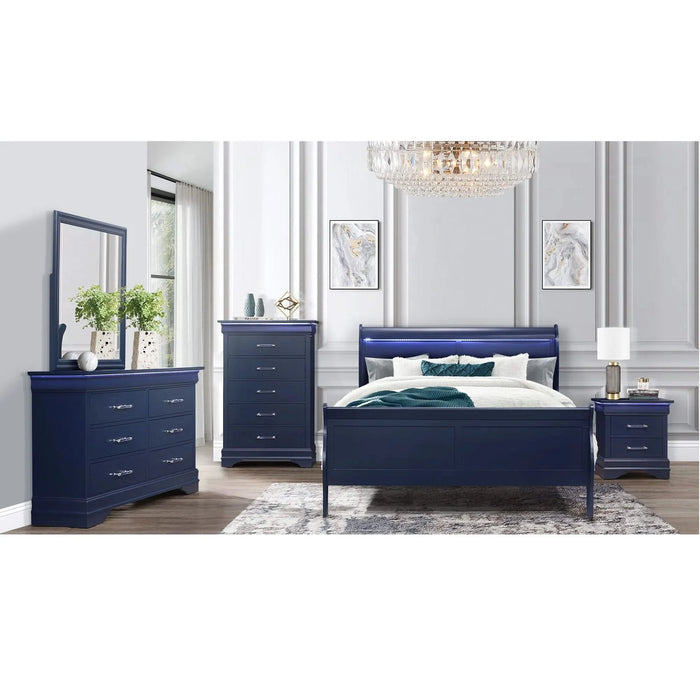 Charlston Sleigh Style King Bedroom Set with LED Headboard in Blue Solid Wood and MDF Default -DTYStore