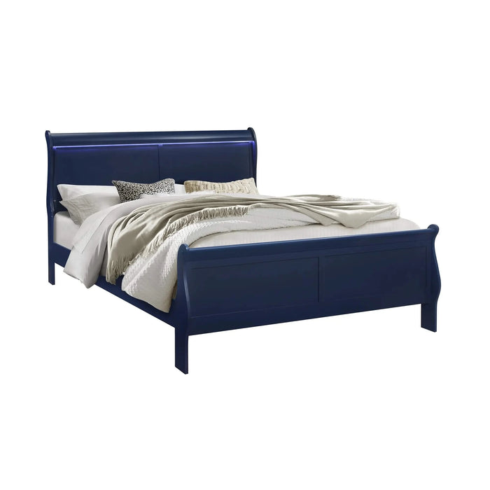 Charlston Sleigh Style King Bedroom Set with LED Headboard in Blue Solid Wood and MDF Default -DTYStore