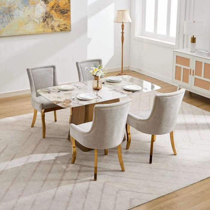 Chenille Dining Chairs, Modern Style with Curved Gold - Plated Legs & Rivet Trim, Upholstered Comfort for Dining/Lounge, Accent Seating with Textured Fabric & One - Piece Structure, Beige,Set of 2 Default -DTYStore