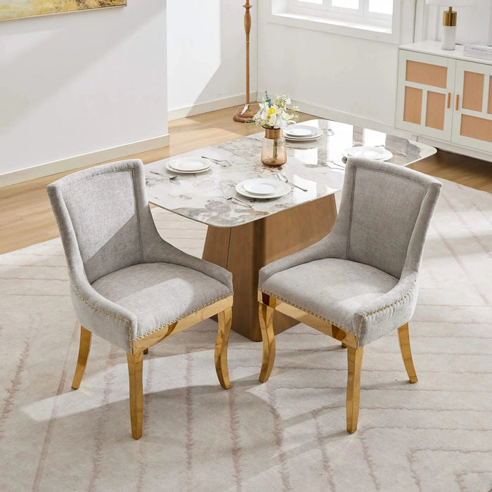 Chenille Dining Chairs, Modern Style with Curved Gold - Plated Legs & Rivet Trim, Upholstered Comfort for Dining/Lounge, Accent Seating with Textured Fabric & One - Piece Structure, Beige,Set of 2 Default -DTYStore