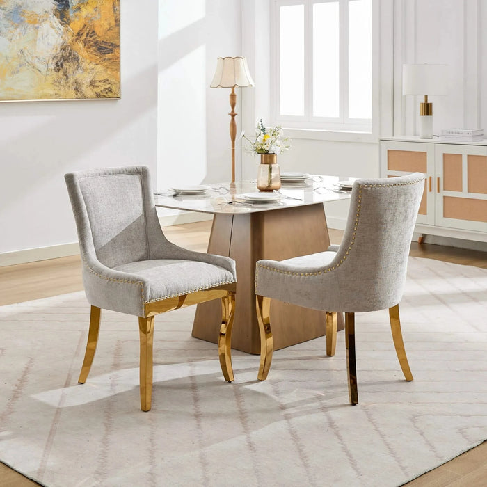 Chenille Dining Chairs, Modern Style with Curved Gold - Plated Legs & Rivet Trim, Upholstered Comfort for Dining/Lounge, Accent Seating with Textured Fabric & One - Piece Structure, Beige,Set of 2 Default -DTYStore