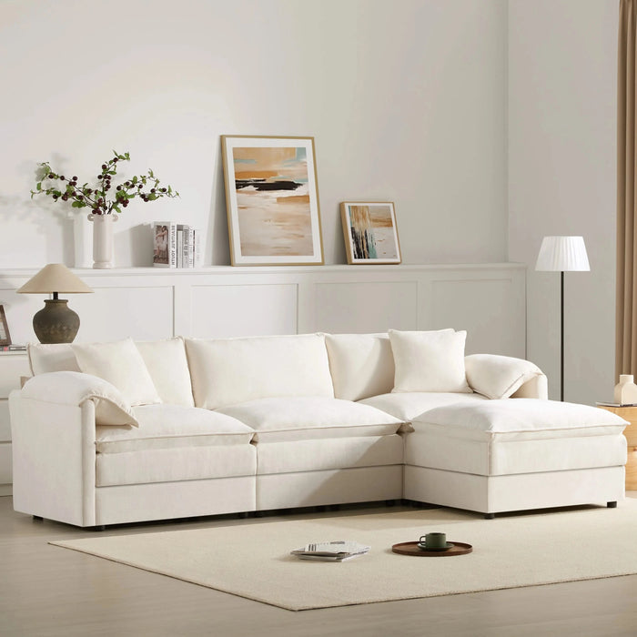 Chenille Modular Sectional Sofa with Deep Seat and Movable Ottoman in Cream Default -DTYStore