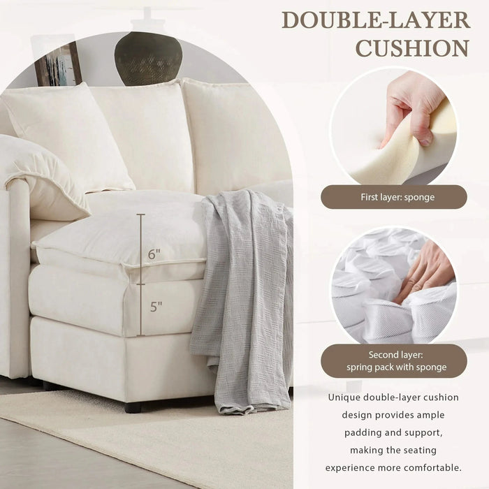 Chenille Modular Sectional Sofa with Deep Seat and Movable Ottoman in Cream Default -DTYStore