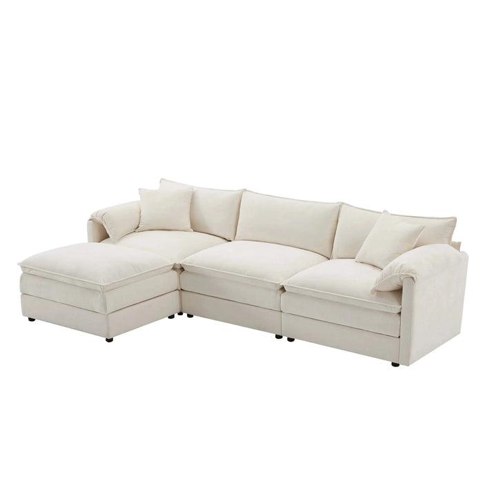 Chenille Modular Sectional Sofa with Deep Seat and Movable Ottoman in Cream Default -DTYStore