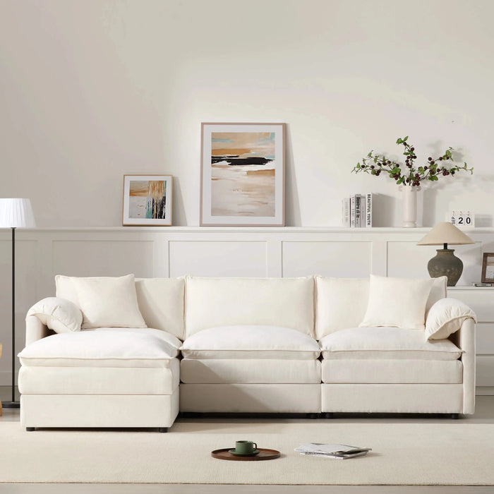 Chenille Modular Sectional Sofa with Deep Seat and Movable Ottoman in Cream Default -DTYStore