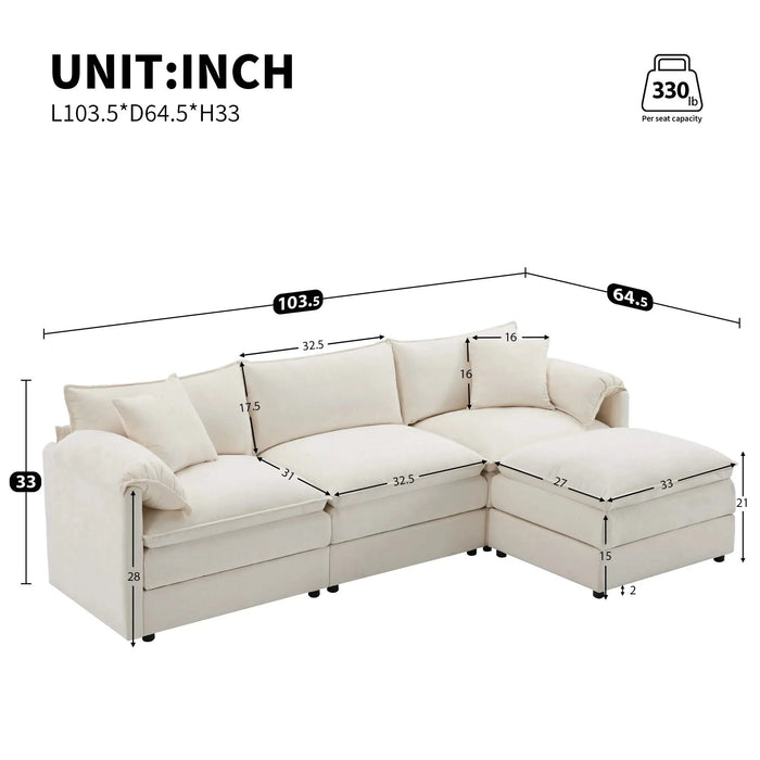 Chenille Modular Sectional Sofa with Deep Seat and Movable Ottoman in Cream Default -DTYStore