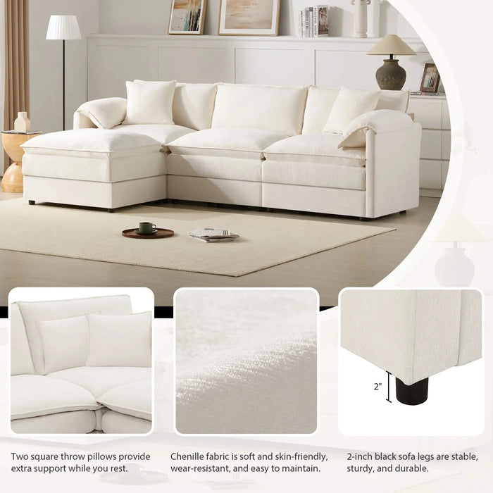 Chenille Modular Sectional Sofa with Deep Seat and Movable Ottoman in Cream Default -DTYStore
