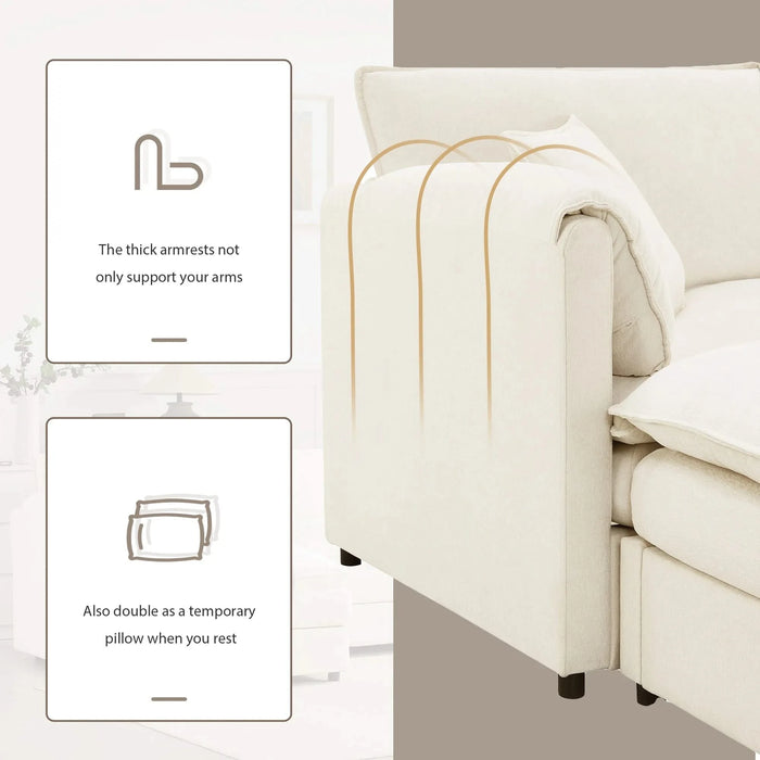 Chenille Modular Sectional Sofa with Deep Seat and Movable Ottoman in Cream Default -DTYStore