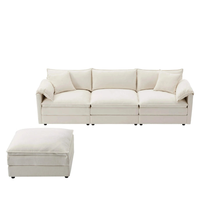 Chenille Modular Sectional Sofa with Deep Seat and Movable Ottoman in Cream Default -DTYStore