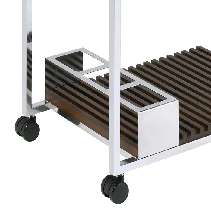 Chrome and Brown Serving Cart with Stemware Shelf Default -DTYStore